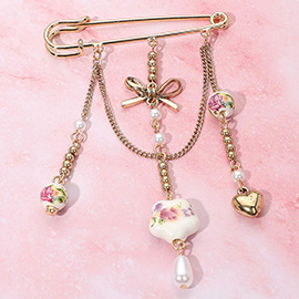 Vintage Inspired Floral Ceramic Ball Heart Pearl Bow Charm Dangle Accent Safety Pin Brooch