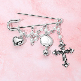 Vintage Antique Metal Cross Heart Pearl Chain Accent Safety Pin Brooch