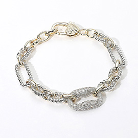 14K Gold Plated CZ Stone Paved Link Pointed Two Tone Bracelet