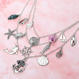 Anchor Sea Shell Pearl Dolphin Fish Rope Sea Turtle Charm Embellished Triple Layered Necklace