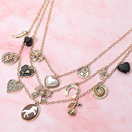 Pearl Heart Western Horse Cameo Horseshoe Flower Bow Charm Embellished Triple Layered Necklace