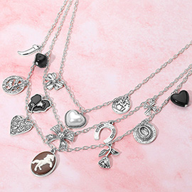 Pearl Heart Western Horse Cameo Horseshoe Flower Bow Charm Embellished Triple Layered Necklace