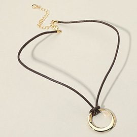 Metal Ring Pendant Faux Leather Cord Necklace