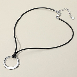 Metal Ring Pendant Faux Leather Cord Necklace