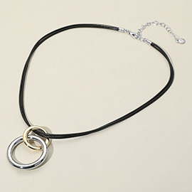 Two Tone Double Metal Ring Link Pendant Faux Leather Cord Necklace