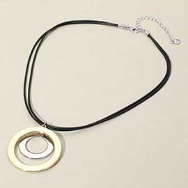 Two Tone Metal Double Layered Ring Pendant Faux Leather Cord Necklace