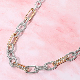 Stone Paved Two Tone Textured Metal Link Chain Necklace