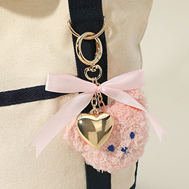 Bow Metal Heart Charm Fluffy Teddy Bear Face Plush Doll Keychain / Bag Charm