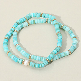 2PCS - Pearl Accented Boho Beaded Stretch Multi Layered Bracelets