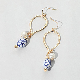 Ceramic Ball Pearl Dangle Hammered Open Metal Earrings