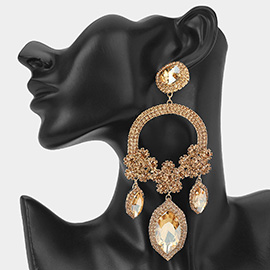 Oversized Rhinestone Paved Triple Flower Marquise Glass Stone Cluster Link Drop Chandelier Evening Earrings