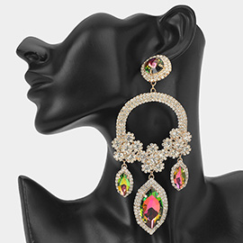 Oversized Rhinestone Paved Triple Flower Marquise Glass Stone Cluster Link Drop Chandelier Evening Earrings