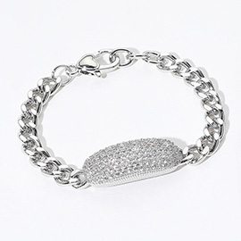 14K Gold Plated CZ Stone Paved Bar Chain Bracelet