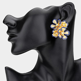 Enamel Rim Textured Metal Flower Bloom Earrings
