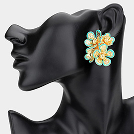 Enamel Rim Textured Metal Flower Bloom Earrings