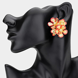 Enamel Rim Textured Metal Flower Bloom Earrings