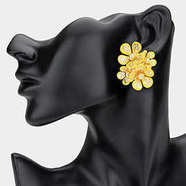 Enamel Rim Textured Metal Flower Bloom Earrings