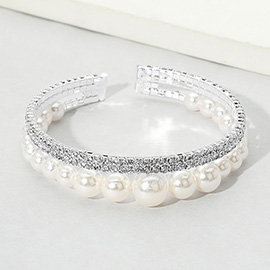 Stone Paved Pearl Embellished Evening Cuff Bracelet