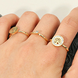 SECRET BOX_Stainless Steel 3pcs Stone Paved Tree of Life Accent Stackable Rings