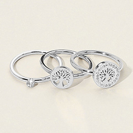 SECRET BOX_Stainless Steel 3pcs Stone Paved Tree of Life Accent Stackable Rings