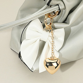 Faux Leather Bow Metal Heart Drop Keychain / Bag Charm