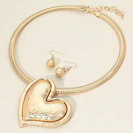 Brushed Metal Heart Dome Pendant Statement Necklace