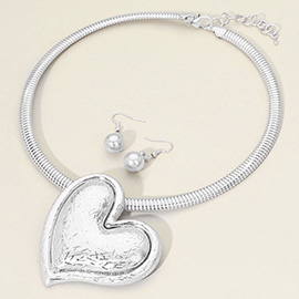 Brushed Metal Heart Dome Pendant Statement Necklace