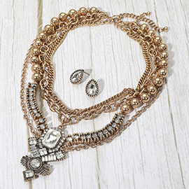 2PCS - Bold Antique Metal Cross Multi Layered Crystal Statement Necklace