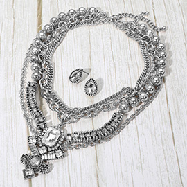 2PCS - Bold Antique Metal Cross Multi Layered Crystal Statement Necklace