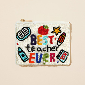 BEST TEACHER EVER Message Seed Beaded Mini Pouch Bag