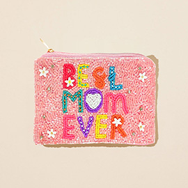 BEST MOM EVER Message Seed Beaded Flower Sequin Embellished Mini Pouch Bag