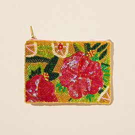 Flower Sequin Seed Beaded Mini Pouch Bag