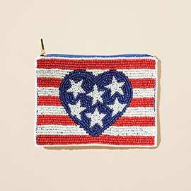 American USA Flag Heart Seed Beaded Mini Pouch Bag