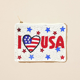 I LOVE USA Message American USA Flag Star Seed Beaded Mini Pouch Bag