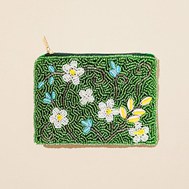 Flower Pattern Seed Beaded Mini Pouch Bag