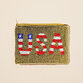 American USA Flag Message Seed Beaded Mini Pouch Bag