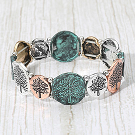 Antique Metal Tree of Life Engraved Disc Stretch Bracelet