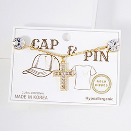 Gold Dipped CZ Stone Paved Cross Cap and Pin Charm