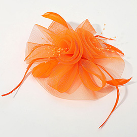 Flower Feather Pearl Mesh Bow Fascinator / Headband
