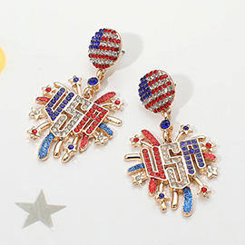 Stone Paved American USA Flag Accent Enamel USA Message Firework Dangle Earrings