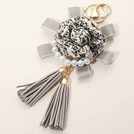 Number Five Pearl Accent Tweed Flower Bow Tassel Keychain / Bag Charm