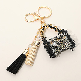 Pearl Number Five Stone Charm Accent Tweed Handbag Tassel Keychain / Bag Charm