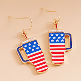 Pearl Embellished Enamel American USA Flag Tumbler Dangle Earrings