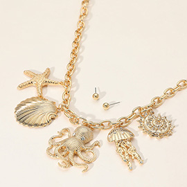 Chunky Starfish Sea Shell Octopus Jellyfish Charm Station Necklace