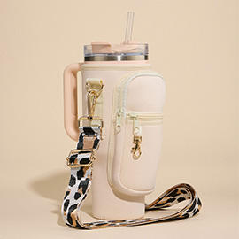 Solid Tumbler Carrier Holder Leopard Pattern Strap Crossbody Bag