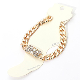 Stone Paved Double Ring Point Plate Cuban Chain Anklet