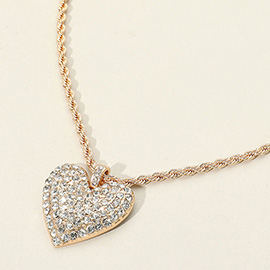 Stone Paved Heart Pendant Twisted Rope Chain Necklace