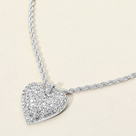 Stone Paved Heart Pendant Twisted Rope Chain Necklace