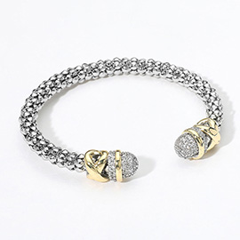 CZ Stone Paved Tip Two Tone Braided Cuff Bracelet