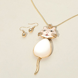 Abalone Enamel Cat Pendant Long Necklace
